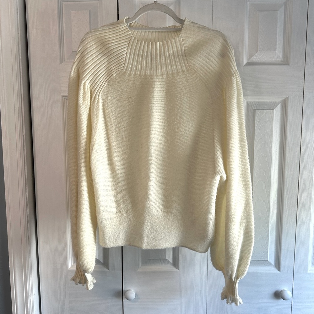 Free People Cream Ribbed Neck Pullover Sweater